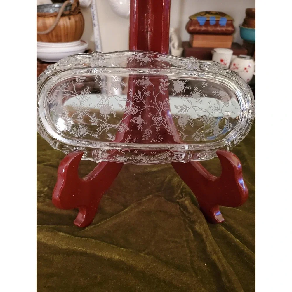 Etched Floral Glass Oval Dish‎ Candy Trinket Dresser Vanity Plate Vintage